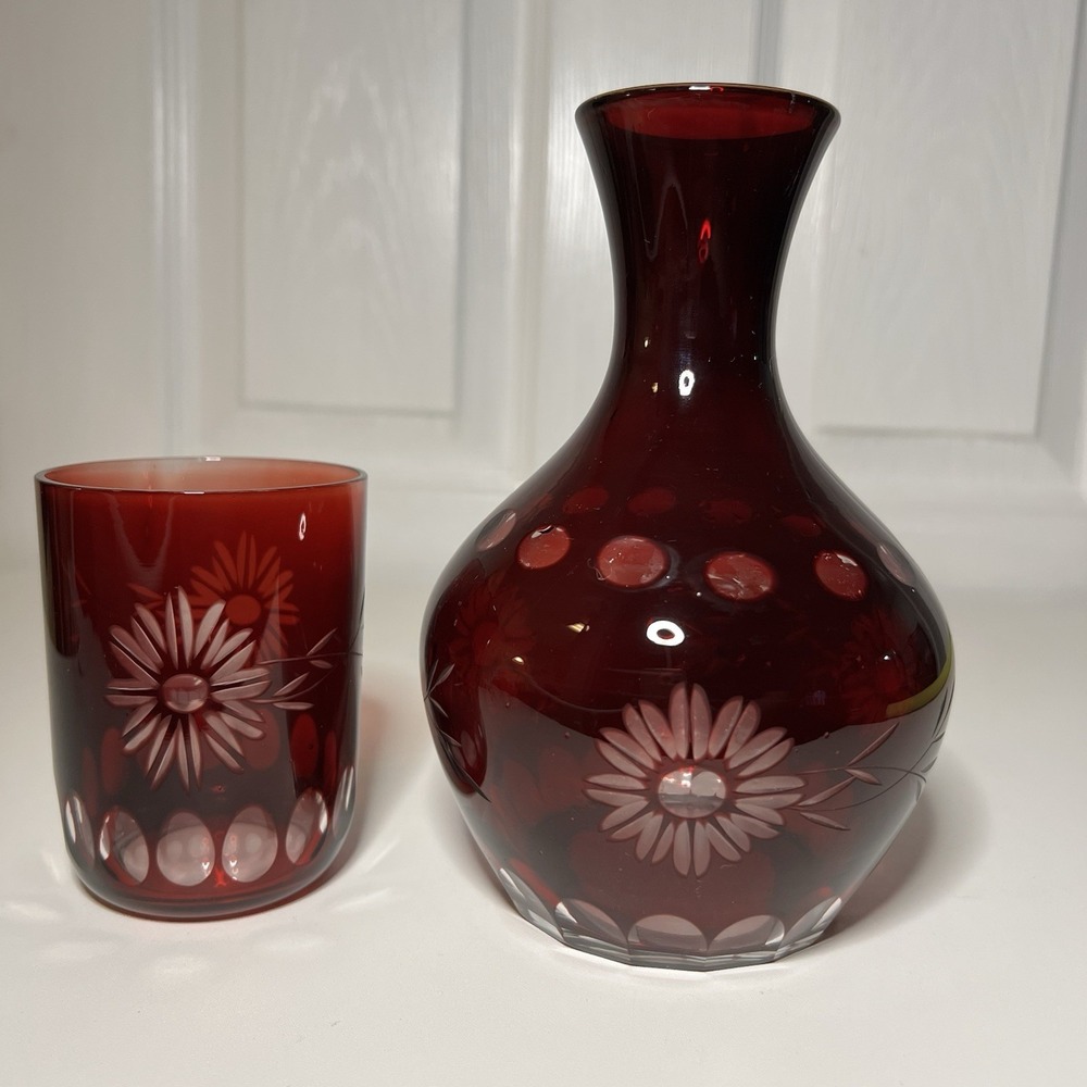 Antique‎ Bohemian Red Czech Cut Glass Carafe Set Pitcher Cup Etched Floral